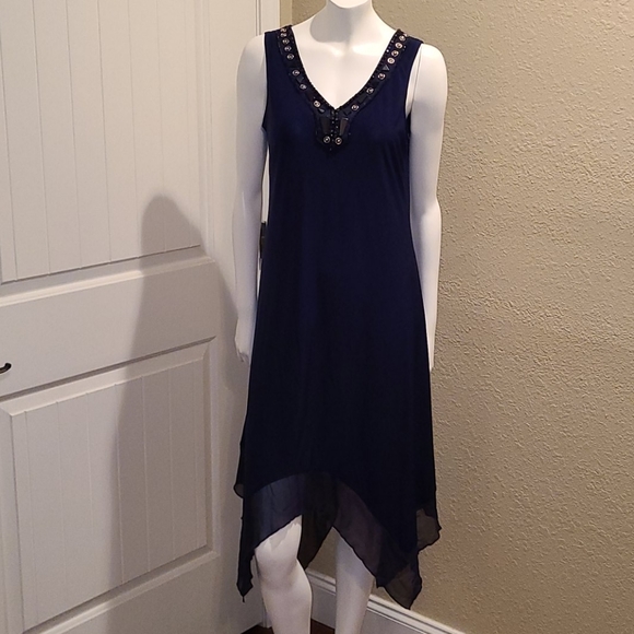 PerSeption Concept Dress Womens S Blue Embellished V-neck Sheer‎ Sharktooth Hem - Picture 1 of 7